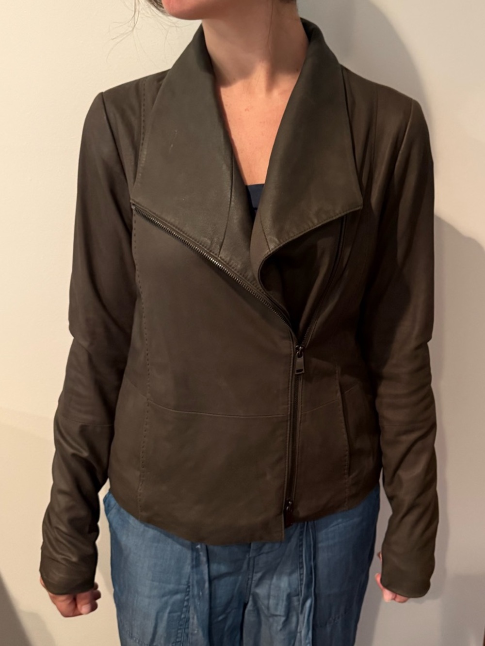 Vince Dark Olive Asymmetrical Leather Jacket